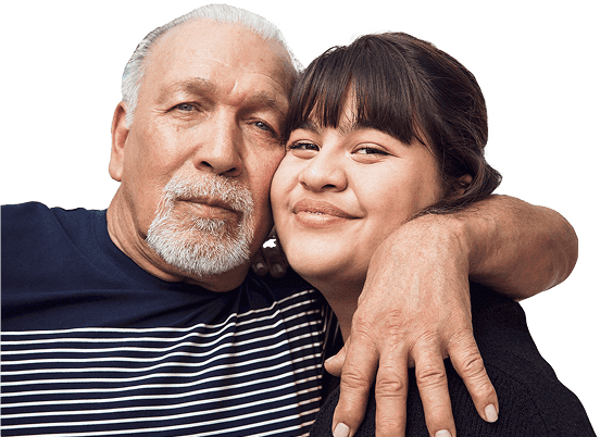 Father and daughter hugging. Actor portrayal.